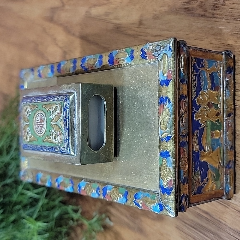 Antique Cloisonne Brass Cigarette & Matchbox Holder - Picture 2 of 14